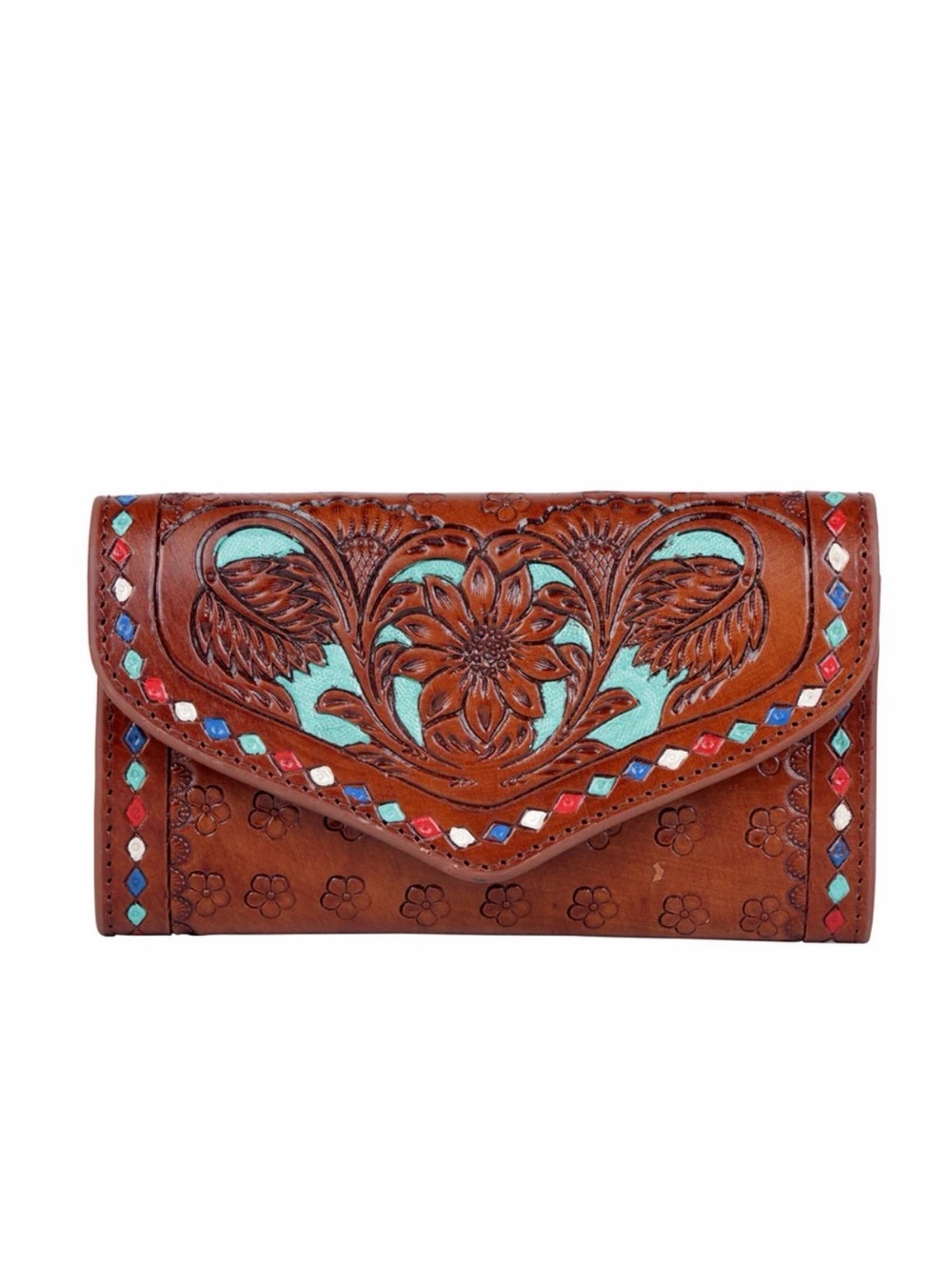 Western Wallet Hand-Tooled Floral Leather Wallet in Brown with Turquoise Accents